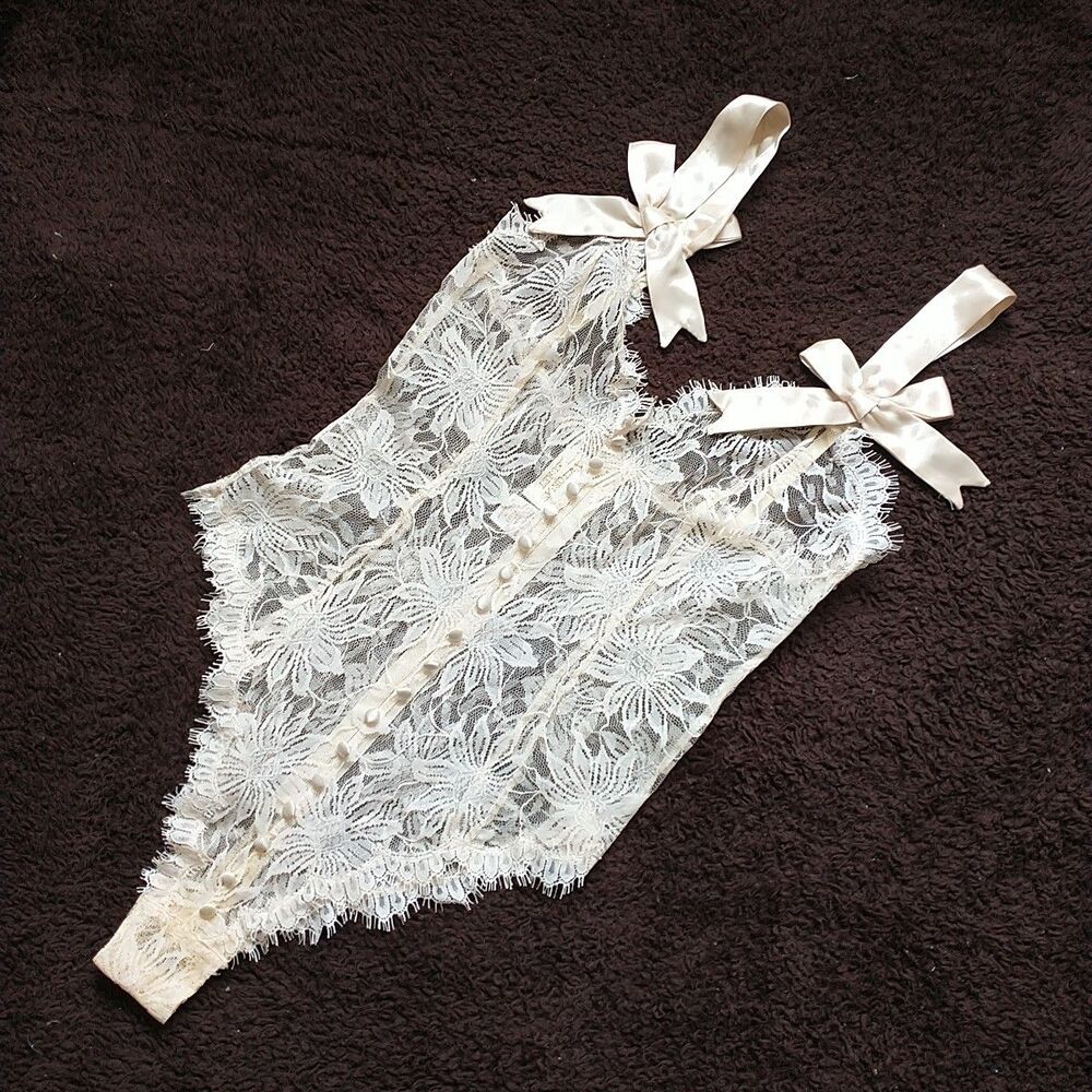 Vtg Victorias Secret Gold Label Bodysuit M Cream Lace Button Bow Sheer Victorian